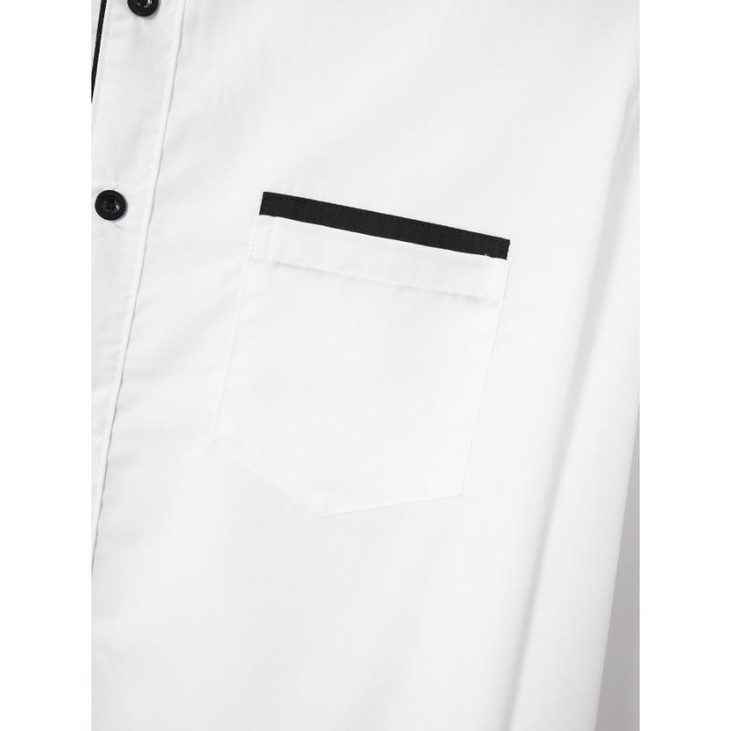 Spring Men's White Button Down Shirt with Black Placket and Cuffs Formal Blouse