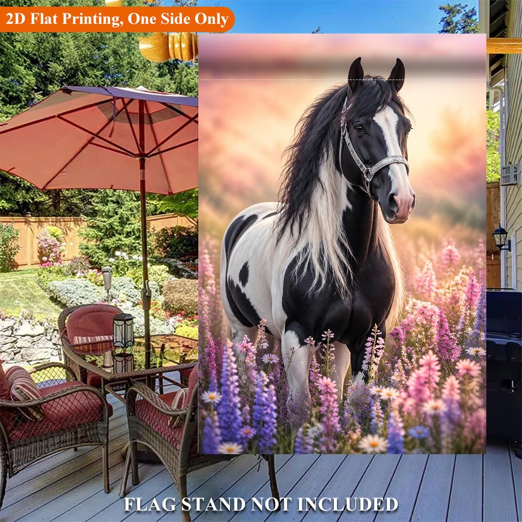 Beautiful Horse in Flower Field Single Sided Polyester Garden Flag - Single-Sided, Polyester, Outdoor Yard Decor