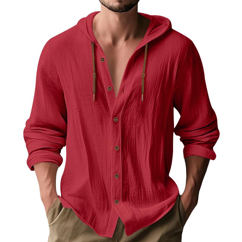 Men's Linen Blend Hooded Button Down Shirt Casual Long Sleeve