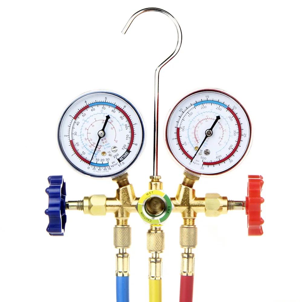 New Air Conditioning Pressure Gauge with Hose and Hook 3 Way AC Diagnostic Manifold Gauge Set for Freon For R12 R22 R404A R134a