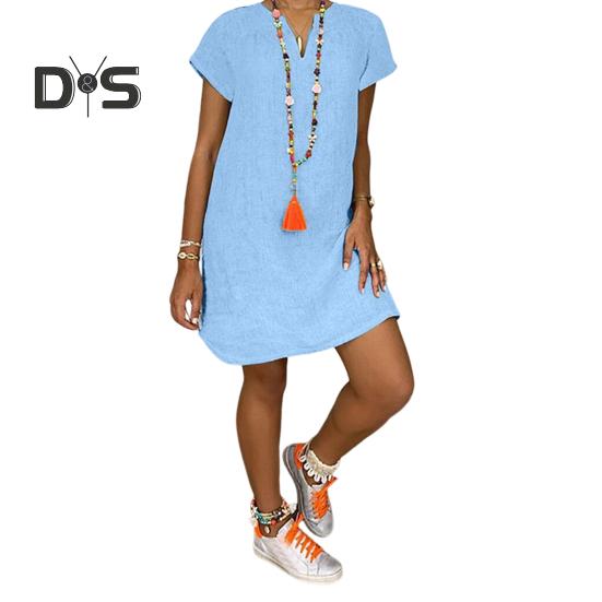 Letnia sukienka z dekoltem w kształcie litery V, rozcięciem, luźna, nieregularna, z krótkim rękawem, jednokolorowy sweter do kolan, na co dzień, na co dzień, sukienka Midi