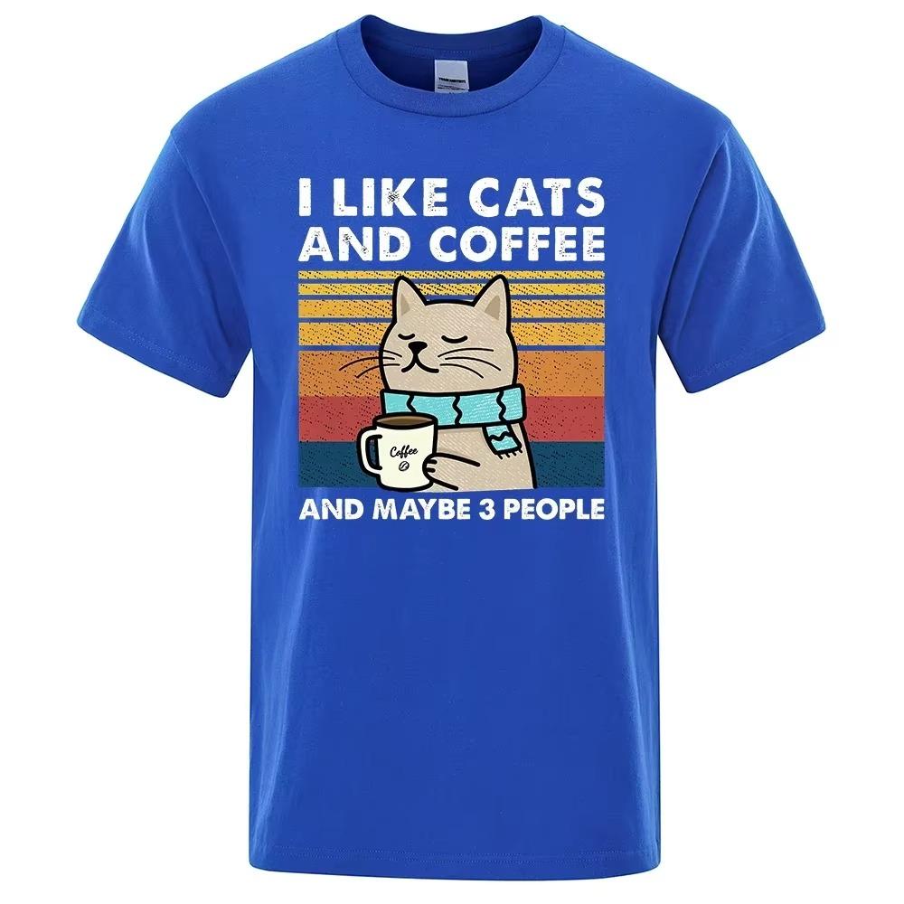 I Like Cats And Coffee Street Funny T-Shirt For Men Fashion Casual Loose Cotton Clothing Crewneck Breathable Tshirt Hip Hop Tees