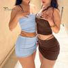 Women's Two Piece Skirt Set Strapless Bandeau Tube Crop Top And Bodycon Mini Skirt Set Summer Sexy Club Outfit