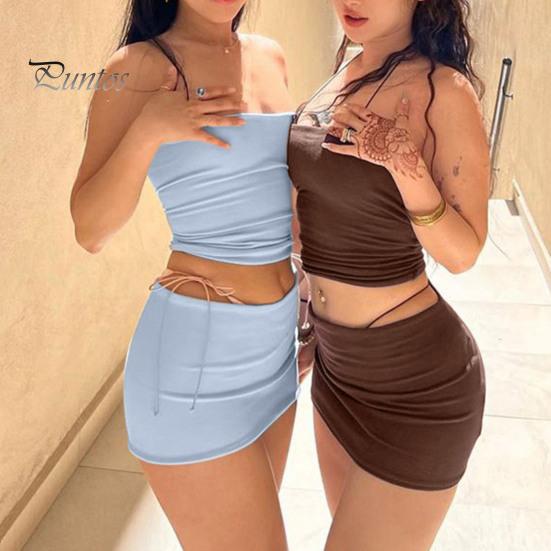 Women's Two Piece Skirt Set Strapless Bandeau Tube Crop Top And Bodycon Mini Skirt Set Summer Sexy Club Outfit