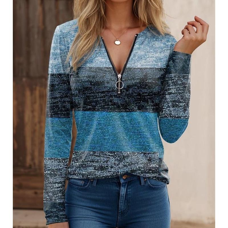 Codzienny T-shirt damski z dekoltem w serek, długim rękawem i zamkiem błyskawicznym, w bloki kolorystyczne, moda high street, wszechstronny top