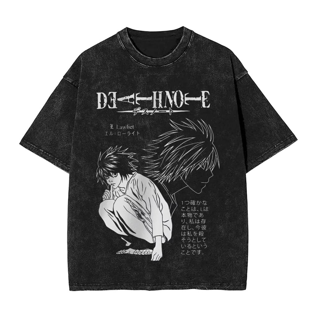 Manga DEATH NOTE T Shirts L Lawliet Graphic Print T-Shirts Washed Oversize Tshirt Short Sleeve Cotton Loose Comfortable Female Male Clothing