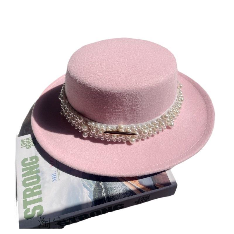 White Pearl Flat Top Woolen Top Hat Female Autumn and Winter British Retro Socialite Elegant French Wide Brim