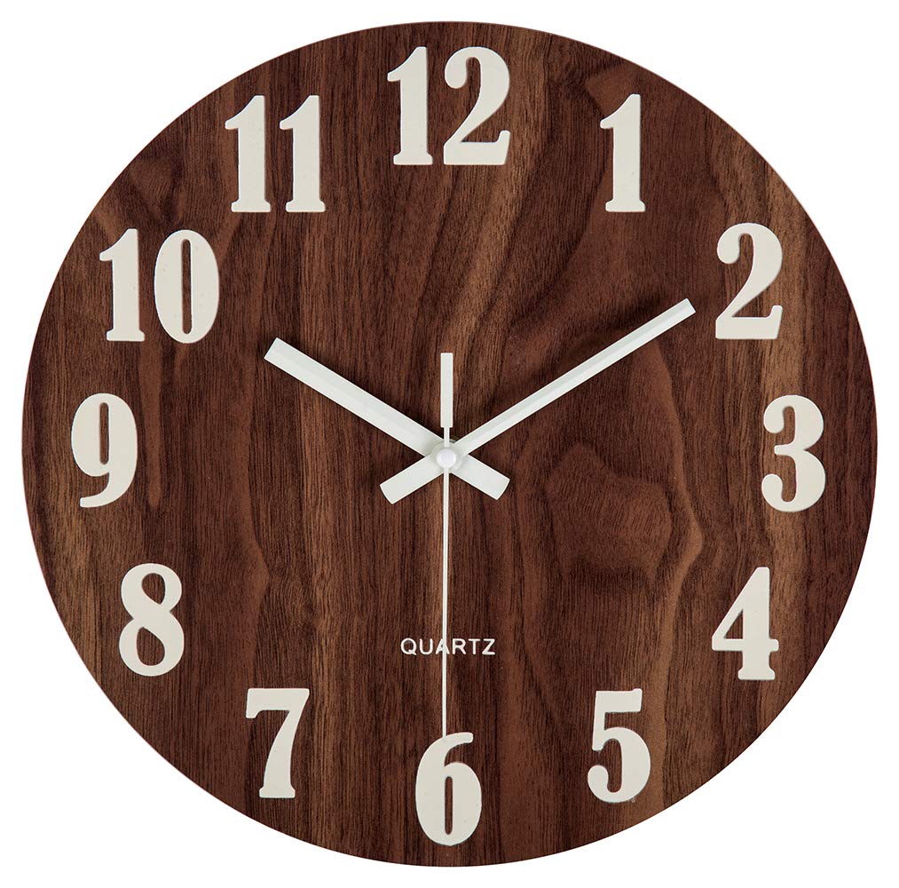 Wall Luminous fluorescent Nighttime Second Hand Stop Wood Grain Wall Clock for Gift Clock, Radio-Controlled, Luminous, (with glow-in-the-dark