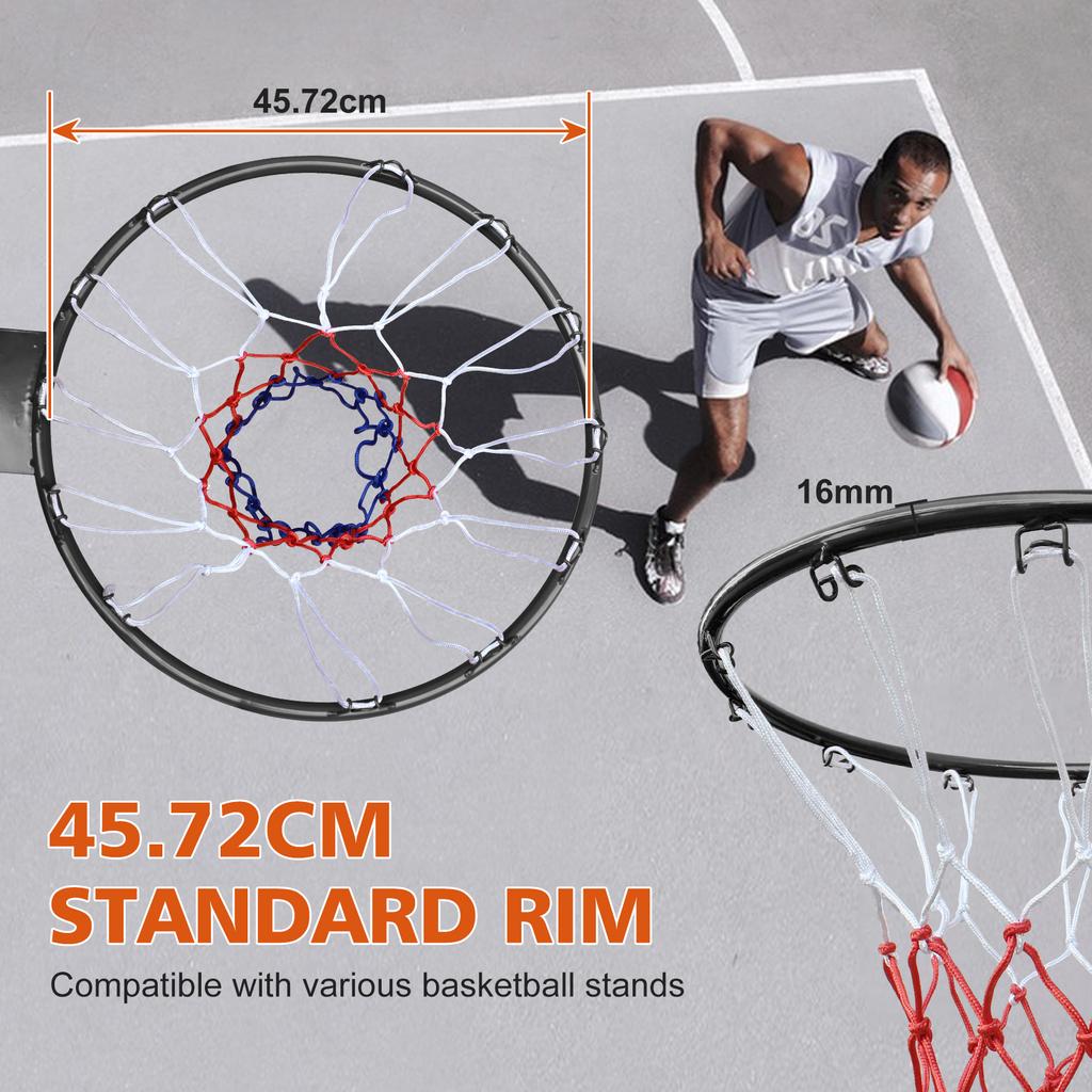 45.72cm Basketball Rim Replacement, Double Spring Solid, with Net, Fits In-Ground & Wall-Mounted, Steel, for Indoor & Outdoor Black