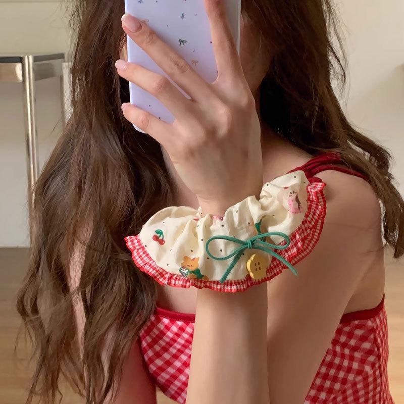 Cherry Bear Mori-Style Red Hair Tie with Flower Button and Lace Edge