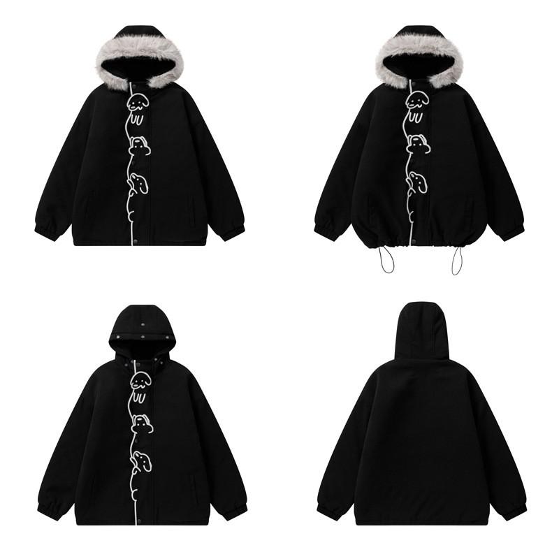 Unisex Oversized Hooded Cotton Puffer Jacket With Embroidered Dog Design Winter Warm Thick Fleece Lined Streetwear Coat