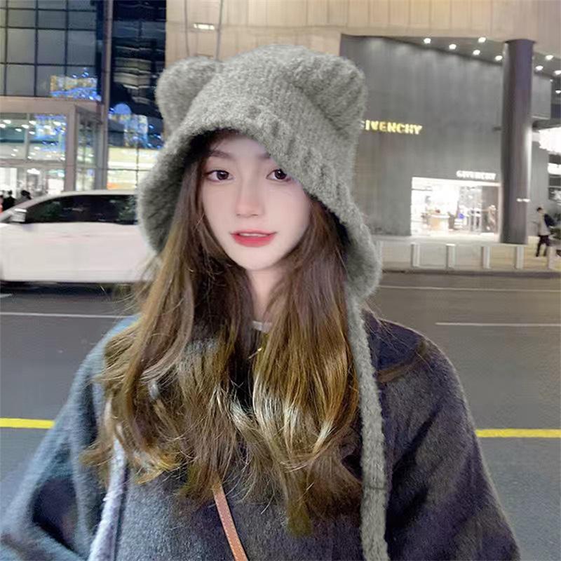 2020Korean Cute Bear Ear Knitted Hat Fashion Y2K Lace-Up Ear Protection Cap Autumn And Winter Windproof Hat Solid Color Beanies Cap