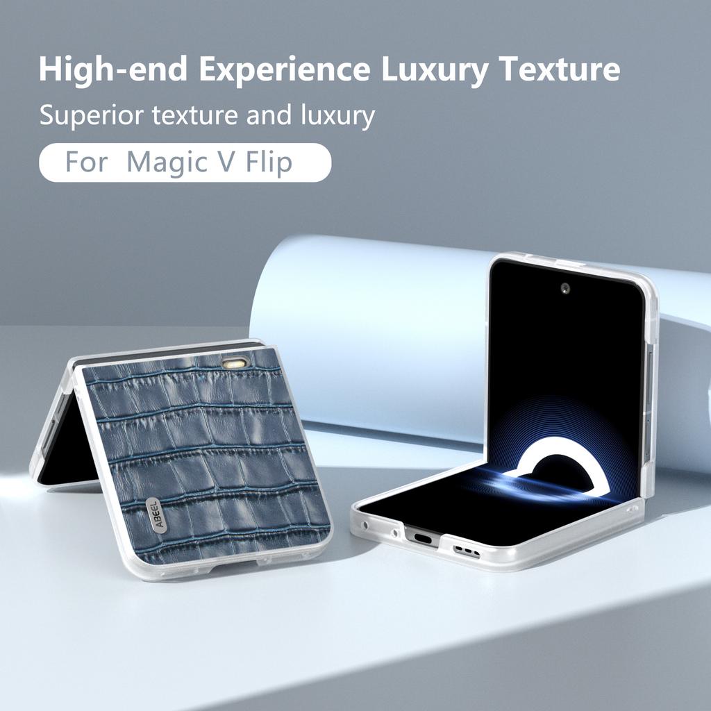 ABEEL For Honor Magic V Flip 5G Case Genuine Cow Leather+PC Phone Cover Crocodile Texture