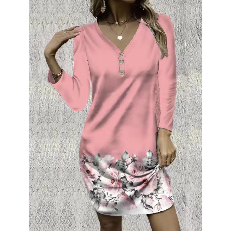 QICED Fashion Autumn Winter Long Sleeve V-Neck Casual Dresses