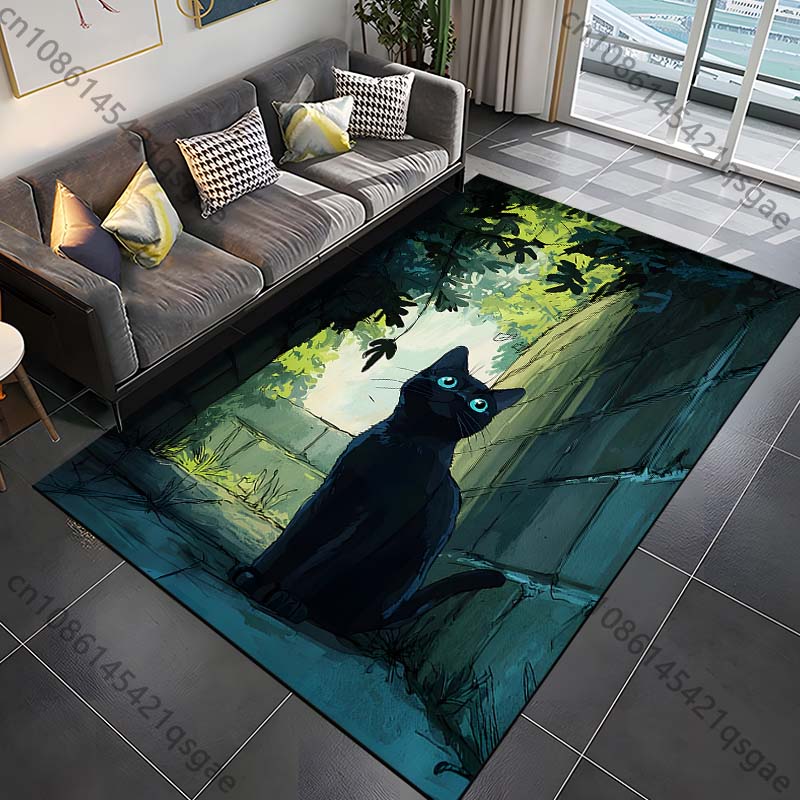 Multiple Sizes Black Cat Blue Eyes Leafy Alley Print Carpet for Living Room Bedroom Sofa Home Decor Non-slip Mat Luxury Gift