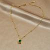 Gold Plated Emerald Square Pendant Necklace, Stainless Steel Station Chain Choker, Waterproof Green Gem Jewelry for Women Gift