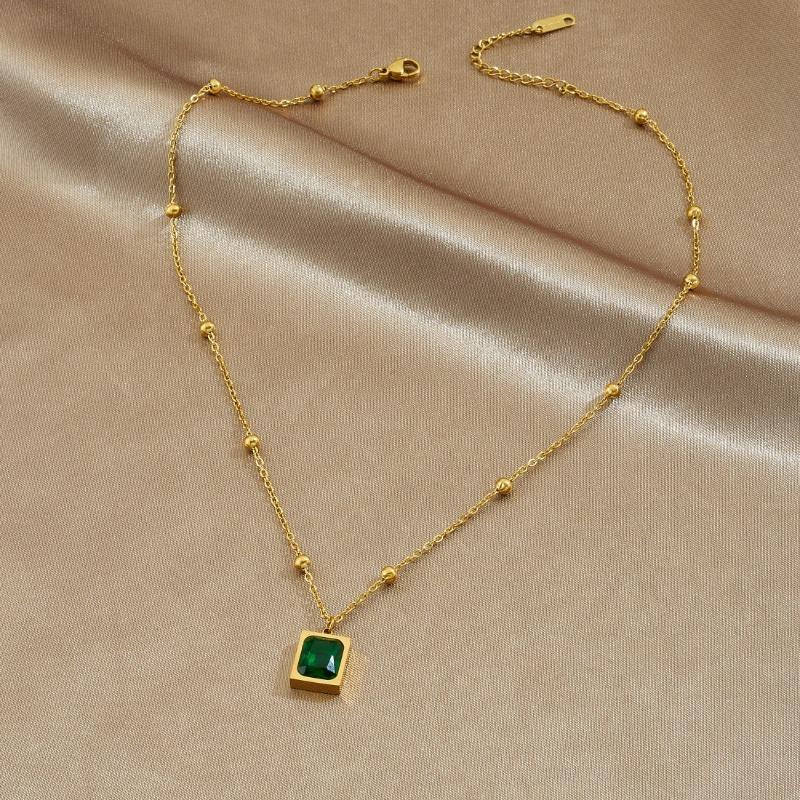 Gold Plated Emerald Square Pendant Necklace, Stainless Steel Station Chain Choker, Waterproof Green Gem Jewelry for Women Gift