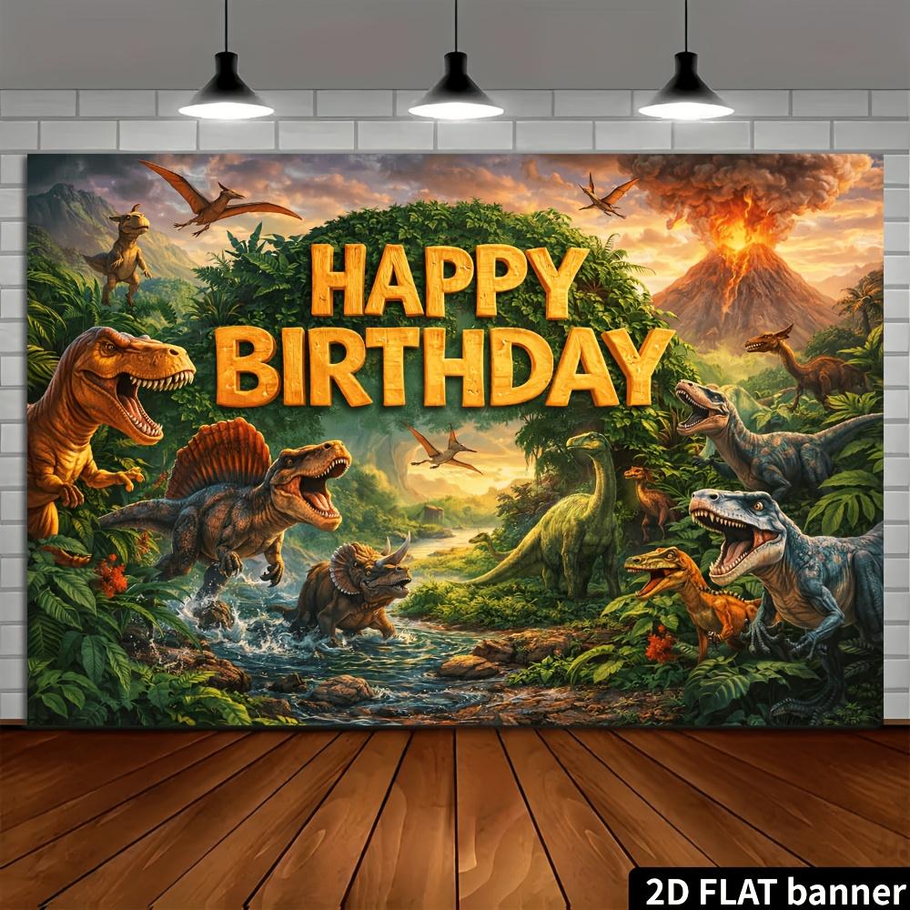 2D plane dinosaur-themed birthday party banner background made of high-quality polyester material.