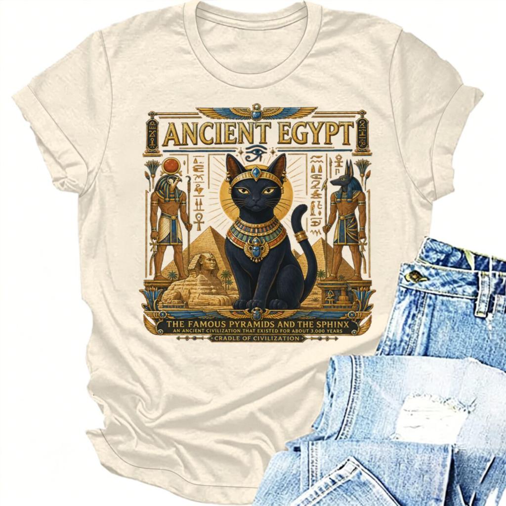 Ancient Egypt Sacred Black Cat Tshirts Unisex Unisex Vintage Myth Graphic Print Tops Short Sleeve Fashion Cat Lover Tshirts Gifts