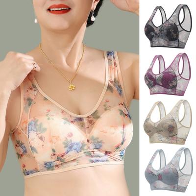 Sujetador push up sin costuras para mujer de mediana edad, fino, de seda helada, con estampado floral, sin aros, antienganches, para uso diario