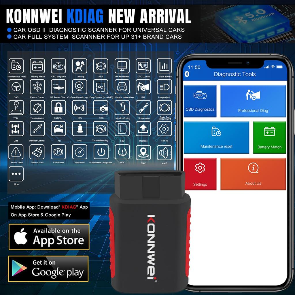 KONNWEI KDIAG Bluetooth Nástroj pro automatickou diagnostiku celého systému Reset oleje Párování baterie Resety Autoskener Čtečka kódů Doživotně zdarma