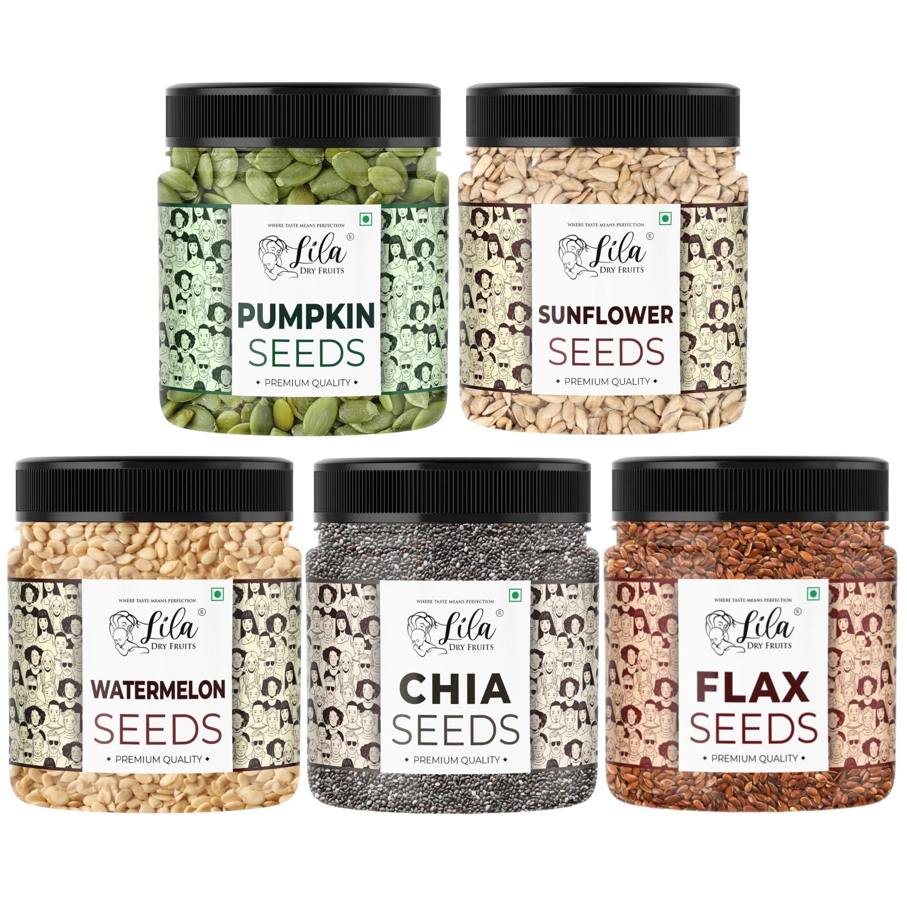 

LILA DRY FRUITS Seeds Combo Pack Chia Flax Pumpkin Sunflower Watermelon Seeds (150 g x 5) Best Daily Super Seeds Mix | Perfect for Gifting