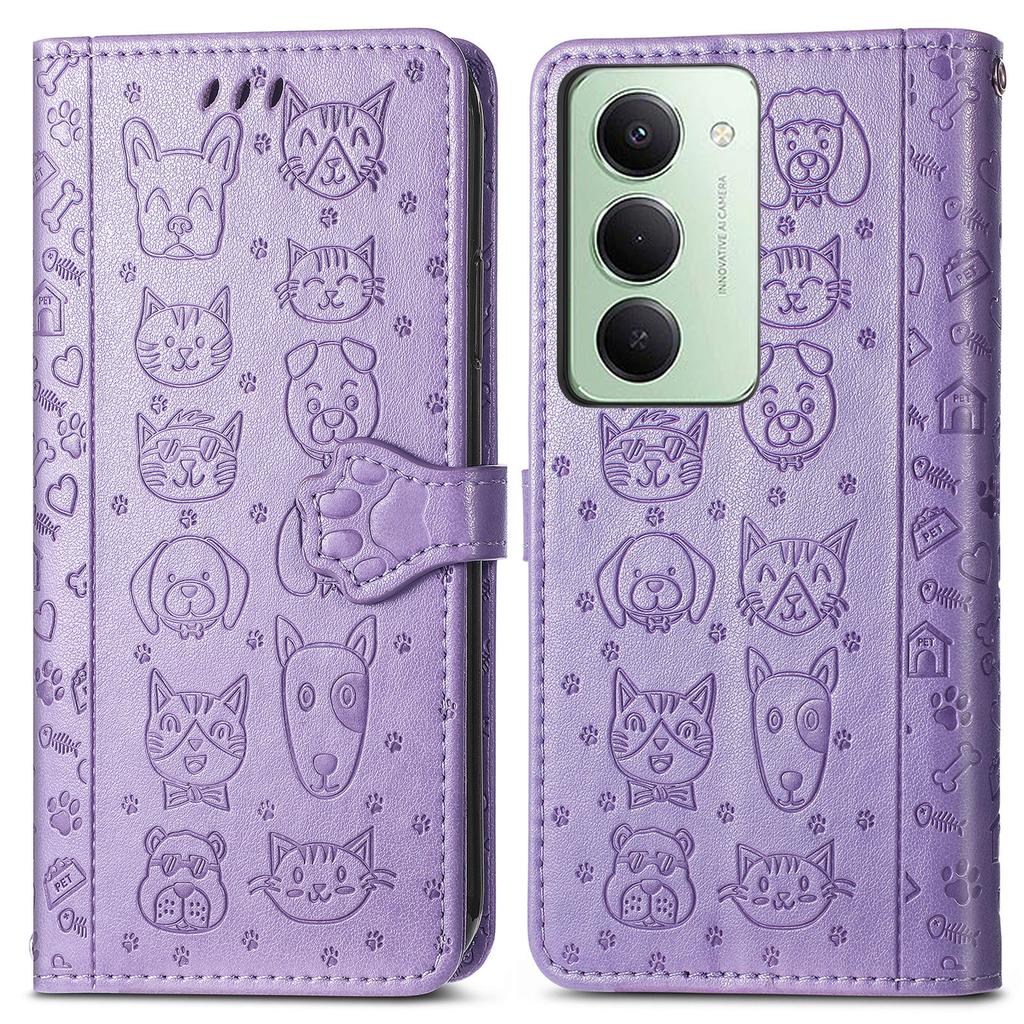 Pro Xiaomi Redmi 15 4G (EU) (171 mm) Pouzdro Flip Wallet Kožené Pouzdro na Telefon s Roztomilým Vzorem Kočky a Psa