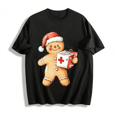 Christmas Gingerbread Man Medical Print Casual Top Pure Cotton T-shirt