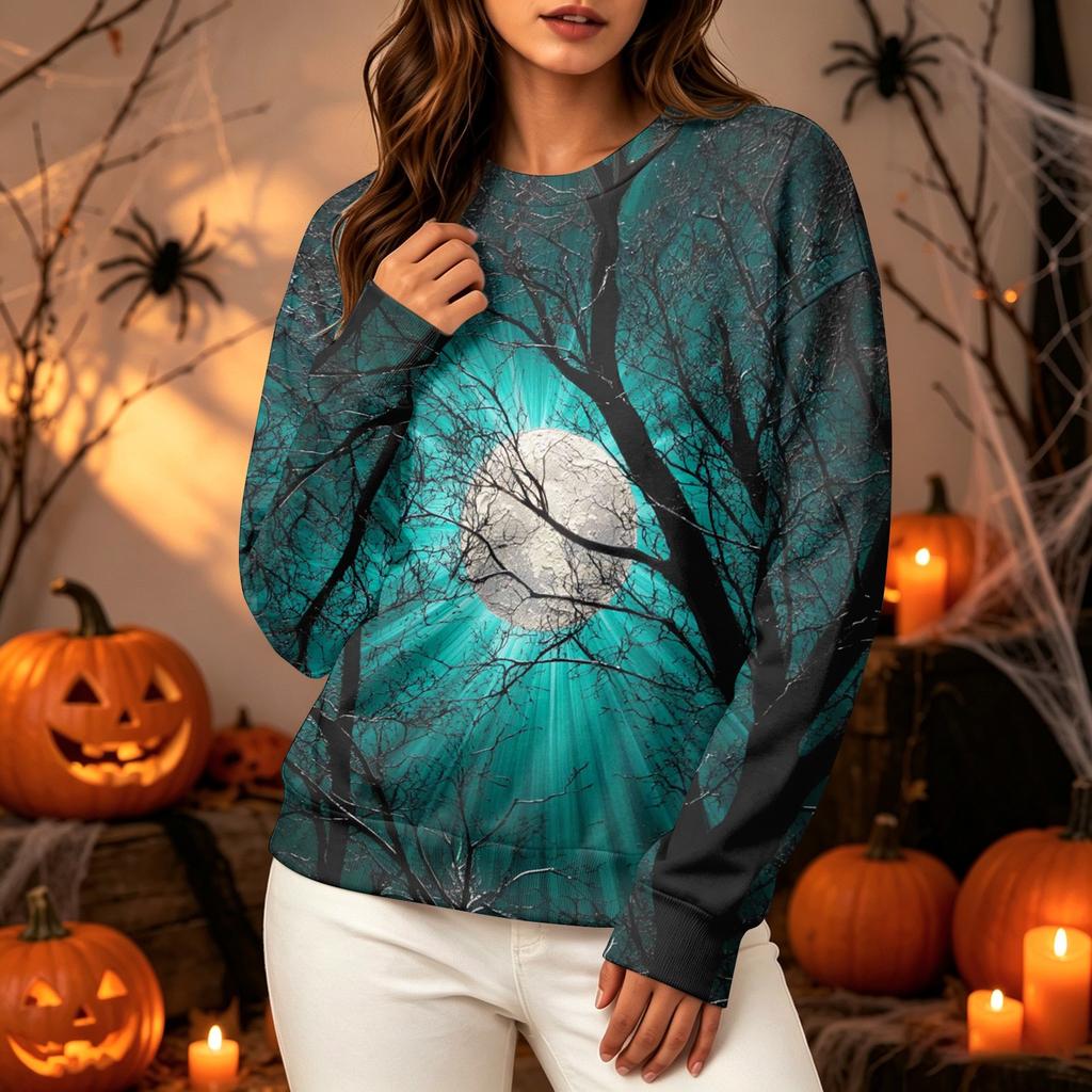 Women's Long Sleeve Halloween Print Neck Sweatshirt, Casual Relaxed Fit Pullover Top
