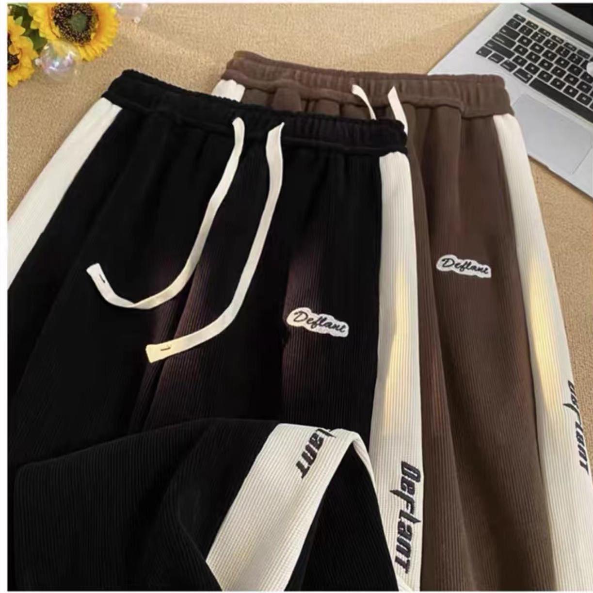 

Men s Retro Corduroy Patchwork Embroidered Sweatpants - Loose Fit, Straight Leg, Casual Wear for Teens (Spring/Autumn) L