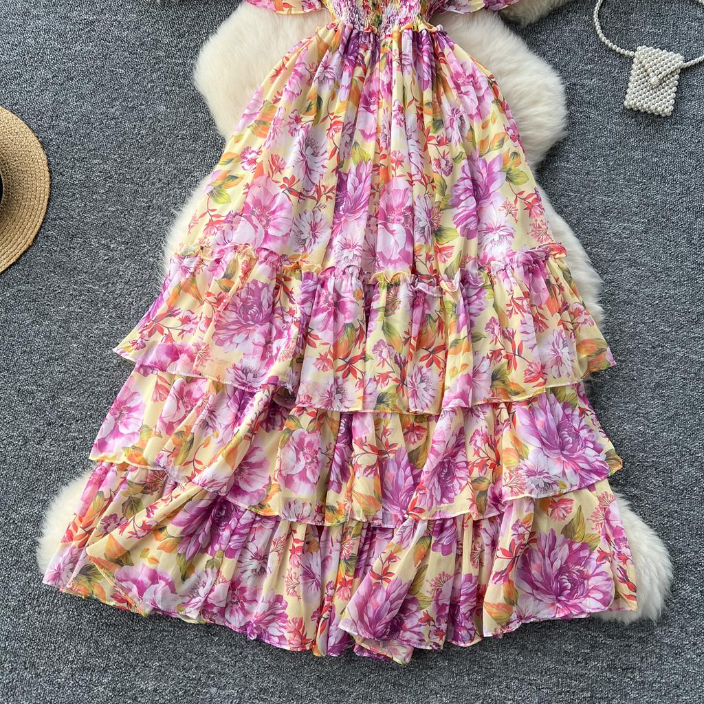 Retro V-Ausschnitt Schmetterlingsärmel Druck Chiffon Elegantes Sommerkleid A-Linie Schlagärmel Urlaubsdruck Damenkleider