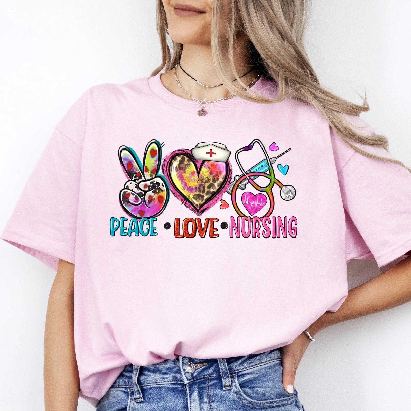 Peace Love Nursing T-shirt gift cute Registered Nurse Practitioner tee L