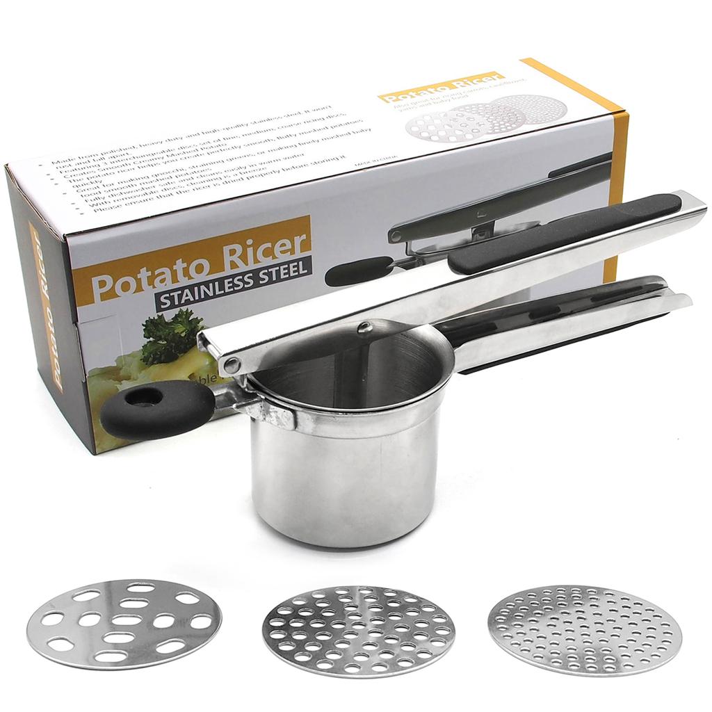 Potato Ricer, Stainless Steel Potato Ricer Fruit and Vegetables Masher Food Ricer Large Capacity with 3 Interchangble Discs Inner Cup