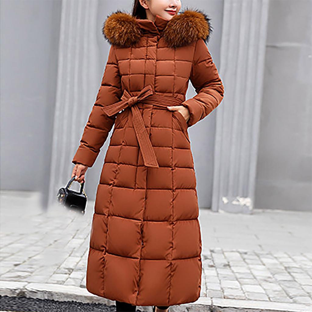 Women Fashion Long Sleeve Solid Color Hooded Long Down Cotton Jacket Coat