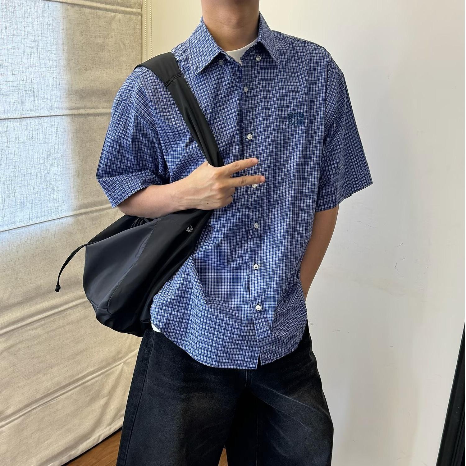 

Мужская рубашка с коротким рукавом в синюю клетку, вышитая, в американском ретро стиле, свободная, с рукавом три четверти 3XL синий