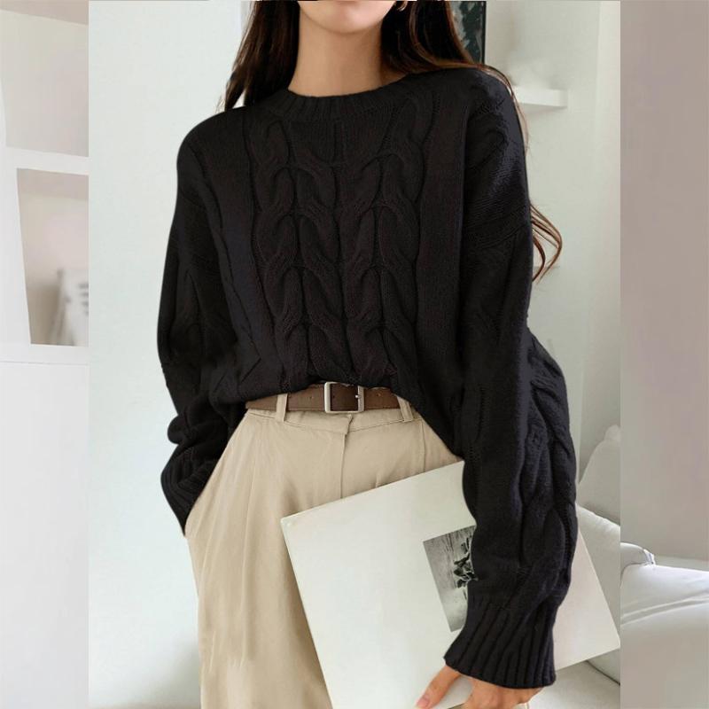 Women Fall Winter Twist Knit Top Pullover Sweater Loose Round Neck Solid Color Versatile Fashionable Comfortable Petite