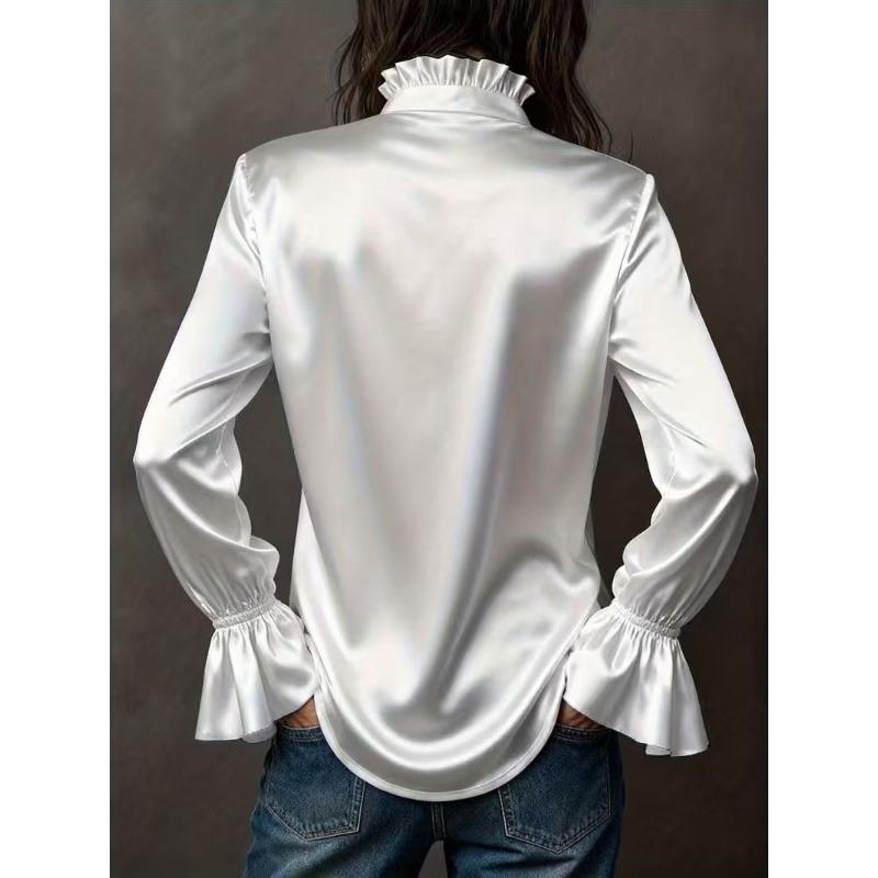 TIFICY Women's Fashion Casual Spring Autumn Solid Color Print Long Sleeve V-Neck Blouses & Shirts
