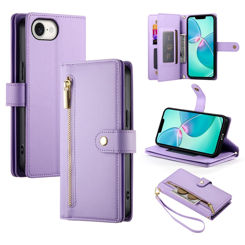 DF-011 For iPhone 16e Case Zipper Wallet PU Leather Crossbody Phone Bag