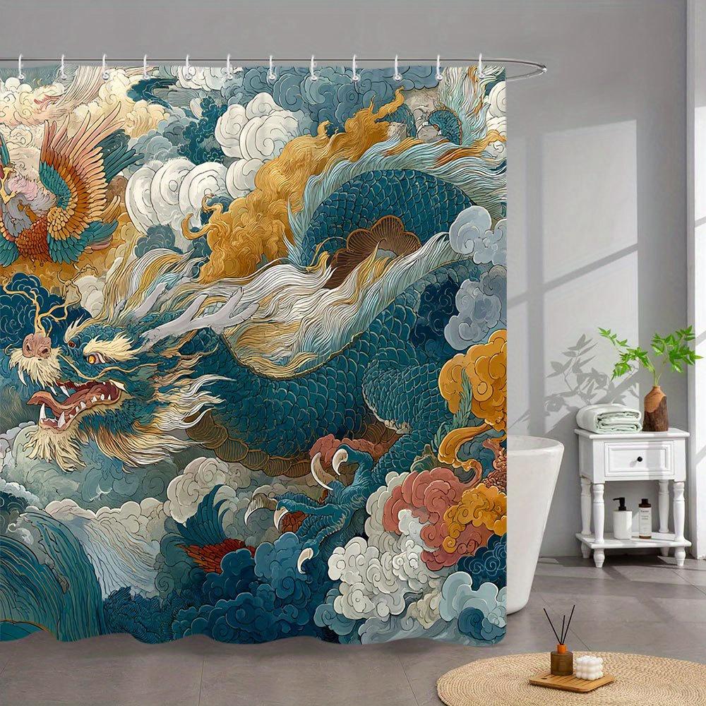 Drachen- & Phönix-Druck Wasserdichter Duschvorhang für Badezimmer, Traditionelles Orientalisches Design Hochwertiger WC-Trennvorhang