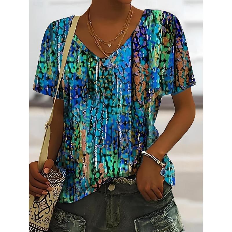 Etnikai Női Póló Vintage Virág Grafika Divatos Rövid Ujjú V-nyakú Normál Felsők Napi Mintás Póló Nyári Hétköznapi Felsők