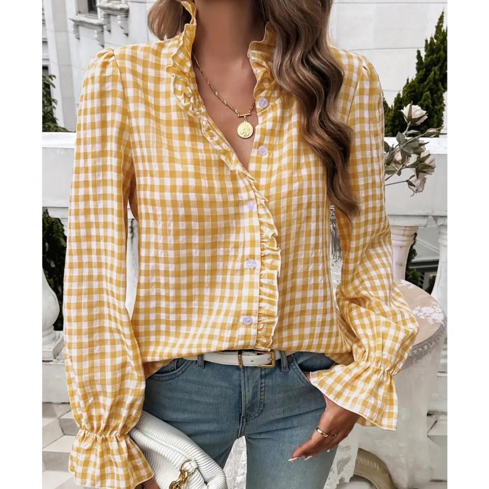 Fungus Edge Stand Collar Plaid Long-sleeved Shirt Women Spring Summer Casual Loose Single-breasted Female Versatile Shirt Tops