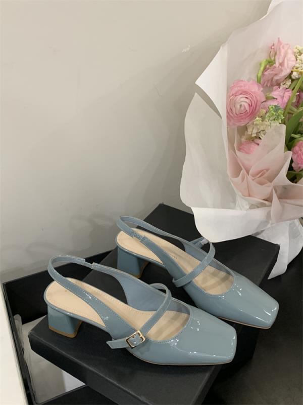 Fashion Open Shoes Heel Female Sandal Mary Jane Square Toe 2025 Women's Shallow Mouth Retro Girls Block Spring New Leather Scandals Pat