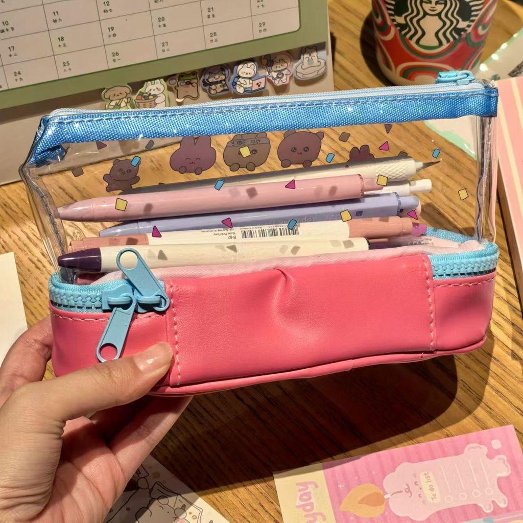 Simple Dual Layer Transparent Pencil Case With Large Capacity For Students And Office Supplies