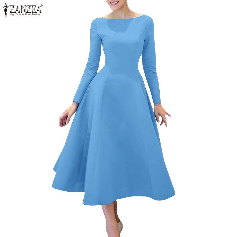 ZANZEA Women Casual Round Neck Solid Color Long Sleeve A-Line Dress