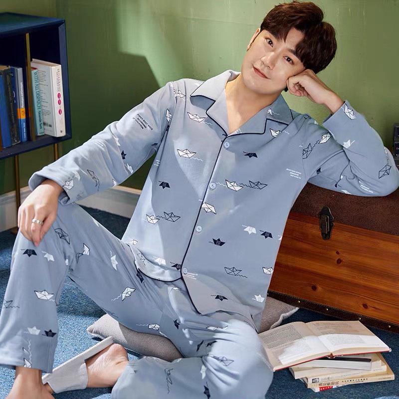 Men's 100% Cotton Pajama Set for Spring & Autumn: Long Sleeve, Long Pants, Versatile Outdoor Wear
