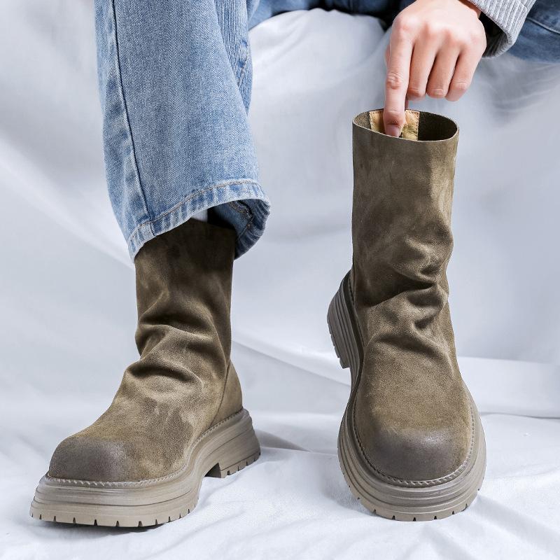 men's fashion punk rock high platform boots designer cow suede leather shoes cowboy long boot trendy motorcycle botas masculinas