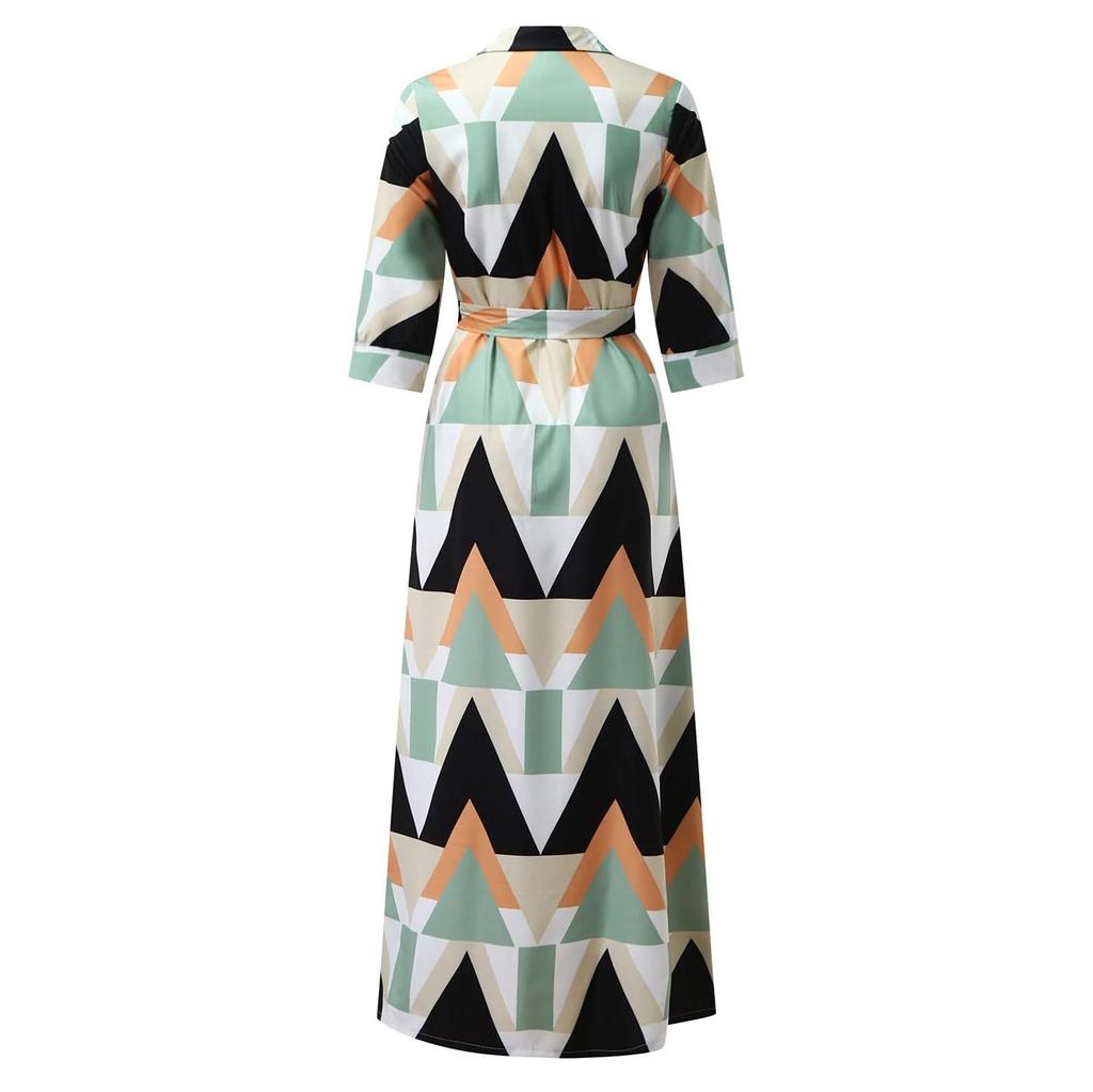 Robe Maxi à Manches Longues pour Femme Col en V Longueur Cheville Robe Longue Décontractée Robe Trapèze avec Ceinture