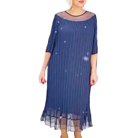 

Жіноча сукня з рукавом до ліктя, з круглим вирізом, двошарова сітчаста вставка, оборка по подолу, великого розміру, однотонна, вільна, довжини до середини литки, смугаста, м яка 3XL темно-синього кольору