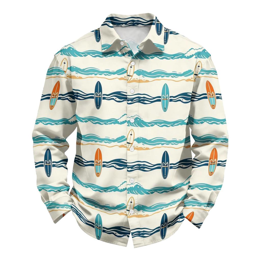 Men's Hawaiian Loose Fit Long Sleeve Button Down Shirt Retro Casual