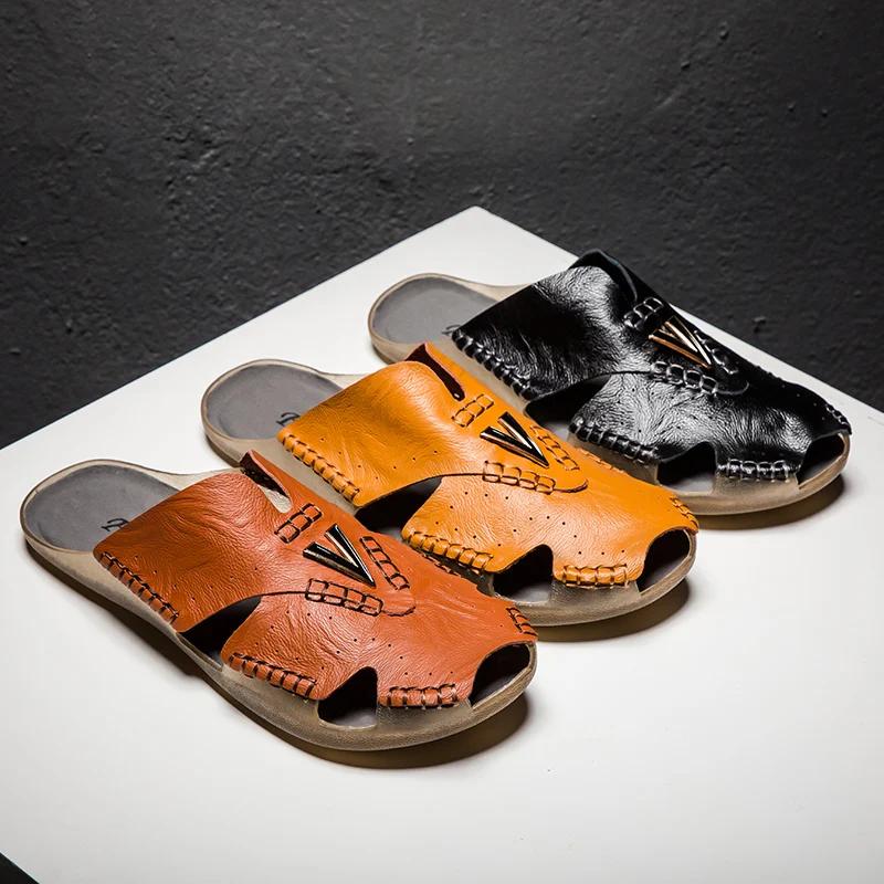 New Leather Slippers Men Home Furnishing Indoor Floor Classic Footwear Casual Slides Leather Sandalias Zapatos Hombre